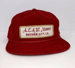 Vintage Red Corduroy Leather Strap Back Hat A.L. & W. Moore Bossier City, LA
